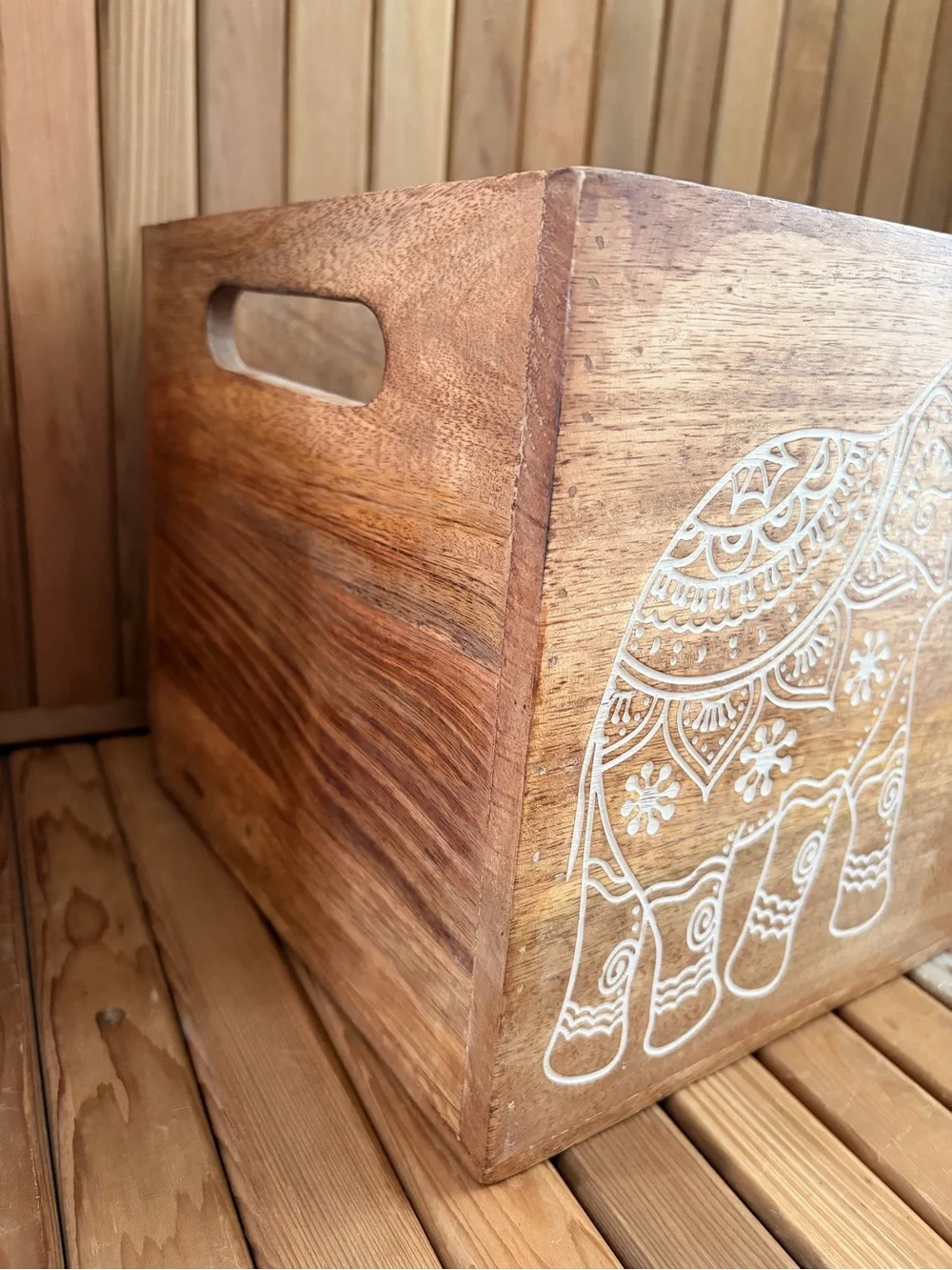 Boho Wooden Crate Elephant Motif, Rustic Acacia Wood Organizer Decor Box